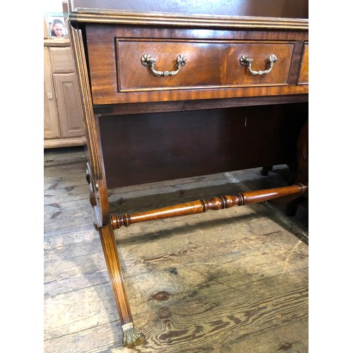 339A - Reproduction two drawer mahogany sofa table with lyre supports and turned cross stretcher