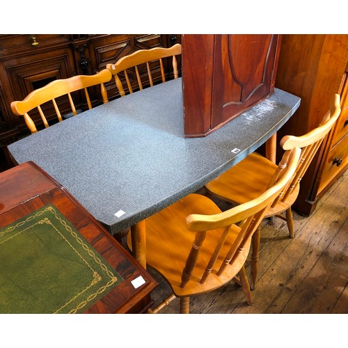 352 - Mid century Formica topped kitchen table and four beech spindle back chairs