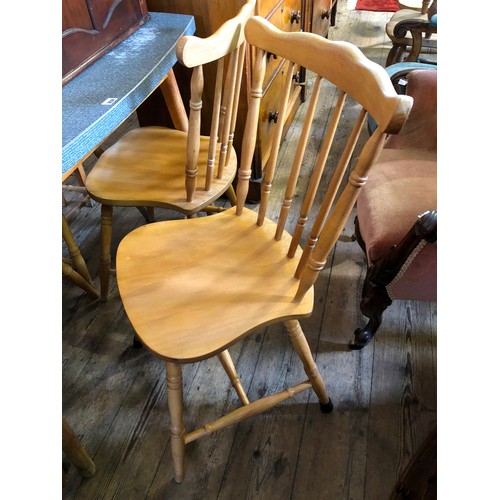 352 - Mid century Formica topped kitchen table and four beech spindle back chairs