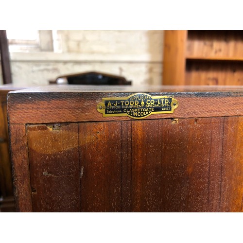 358 - Pair of 1970s mahogany glazed office bookcases with suppliers label for Todds of Lincoln, plus anoth... 