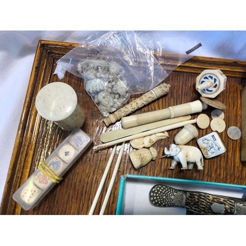 181 - Various collectors items incl. ivorine gaming counters and pieces, thimbles and various items of met... 