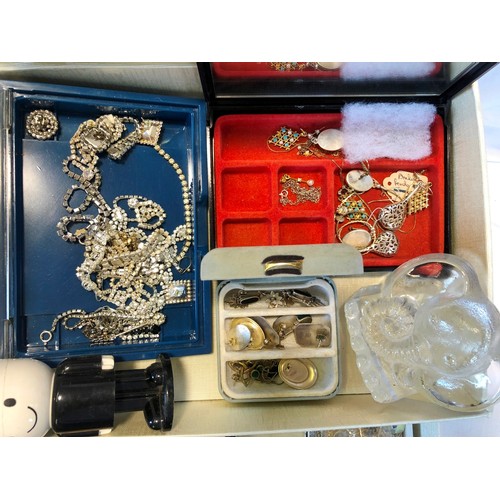 183 - Jewellery box of various costume jewellery, paperweight etc