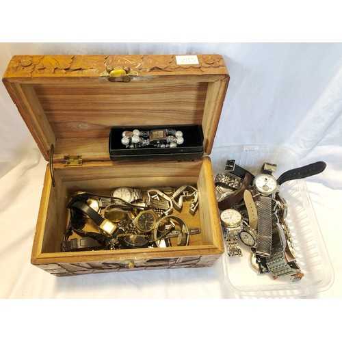 193 - Small camphorwood box containing various gents and ladies wrist watches etc plus an assortment of va... 