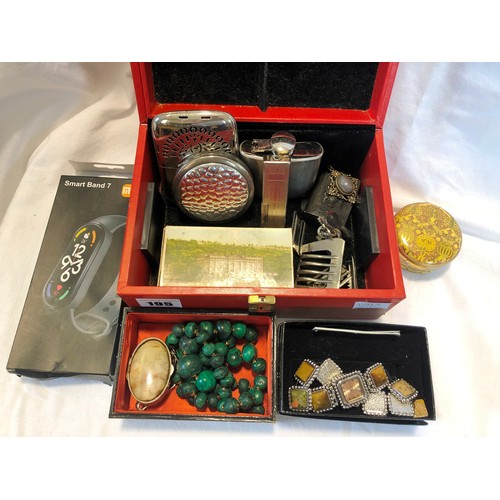 195 - Jewellery box containing compact, hip flask, costume jewellery etc