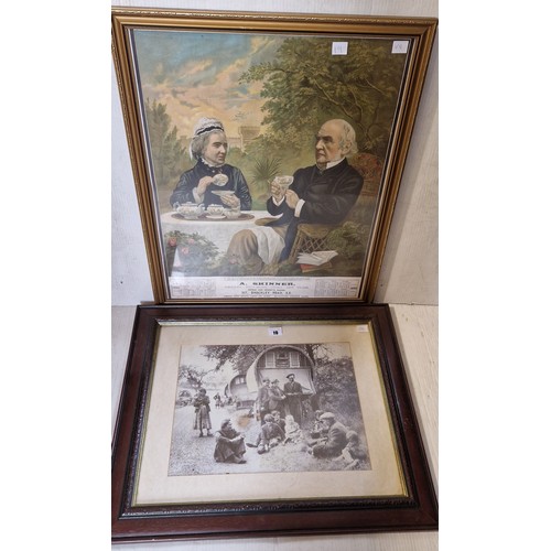 19 - Framed black and white Romany photograph and illustrated advertising calendar for A Skinner 1899