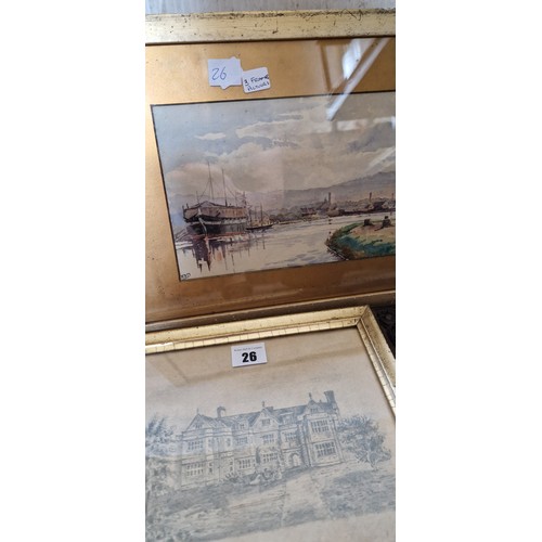 26 - Victorian watercolour of a harbour scene, pencil sketch of Langton Hall, Langton by Spilsby and a fr... 