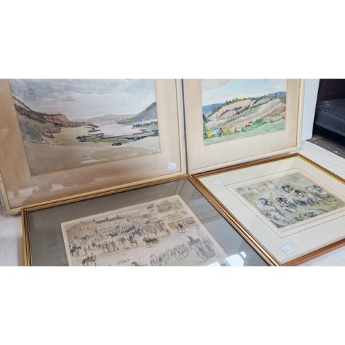 31 - Coloured print, Jottings at Horncastle Horse Fair, pastel of sheep at Langton and two watercolours o... 