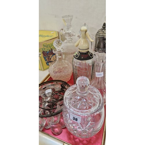 38 - Various glassware incl. vintage soda syphon, decanters, ceiling lustre and snack basket