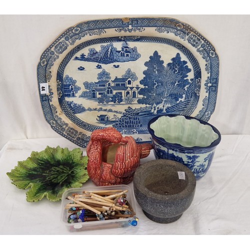 44 - Blue and white jelly mould, meat plate etc