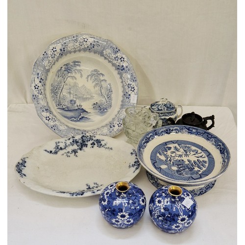 63 - Six pieces of blue and white ware incl. Fenton vases, bowls etc