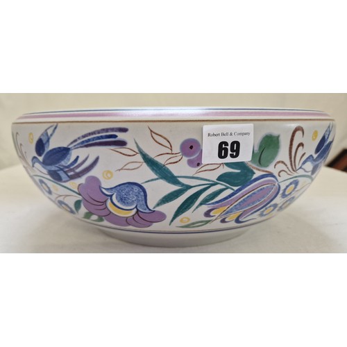 69 - Large Poole studio pottery bowl decorated with birds and flowers