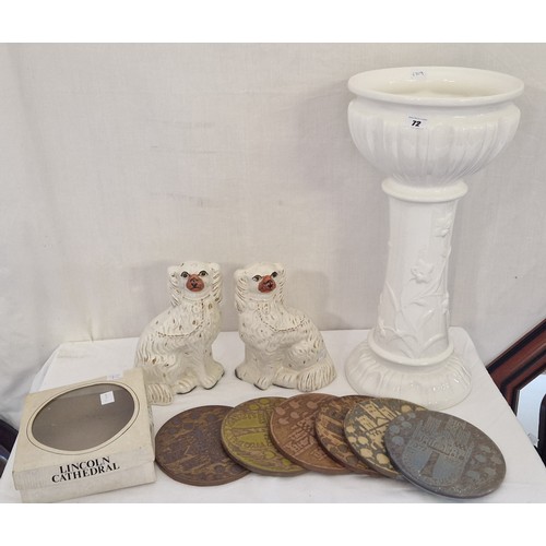 72 - White ceramic jardiniere and pair of Staffordshire style spaniels, and box of Cathedral tiles