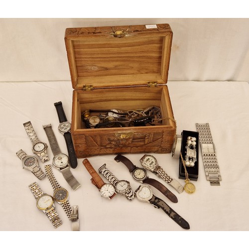 193 - Small camphorwood box containing various gents and ladies wrist watches etc plus an assortment of va... 