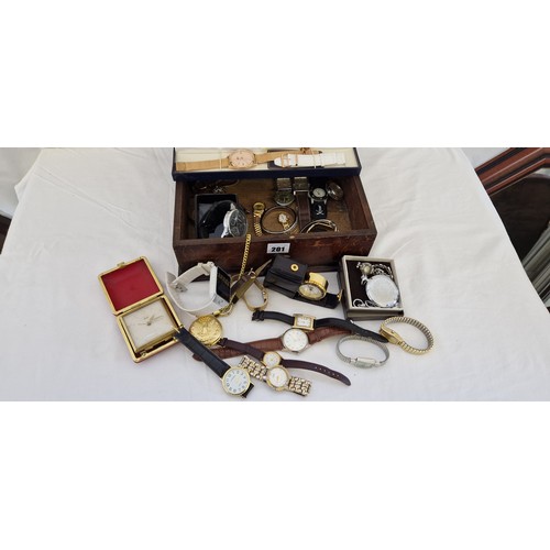 201 - Wooden box containing various modern wrist and pocket watches