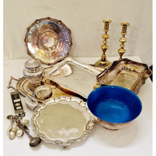 77 - Various EPNS serving ware, brass candlesticks etc