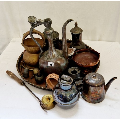 84 - Tray of Indian brass and metalware, samovar, spirit kettle etc