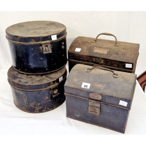 86 - Two small tin dome trunks with brass plaques for J Duke Ironmongers Grimsby and name badges J Harris... 