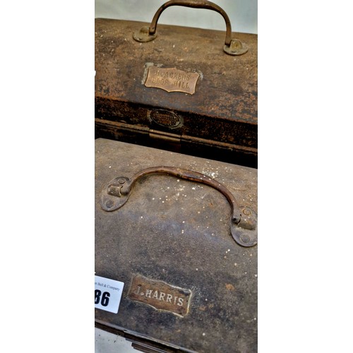 86 - Two small tin dome trunks with brass plaques for J Duke Ironmongers Grimsby and name badges J Harris... 