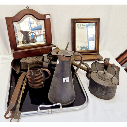 87 - Various vintage metalware incl. chestnut roaster, Lyons toffee hammer, watering cans, two mirrors et... 