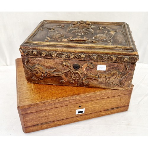 100 - Early 20th century oak canteen with fitted interior and various cutlery and wooden work box with rel... 