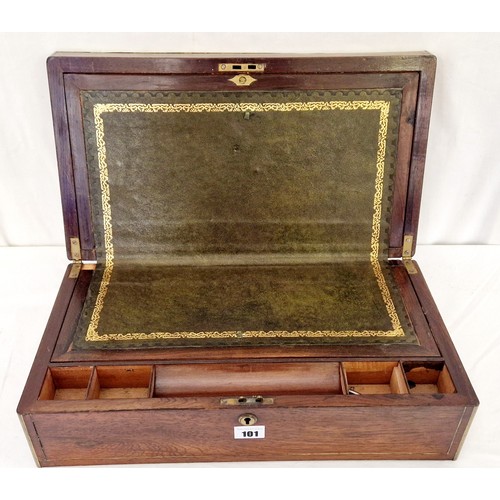 101 - Early 20th century rosewood writing box with brass banding and cartouche and fitted interior