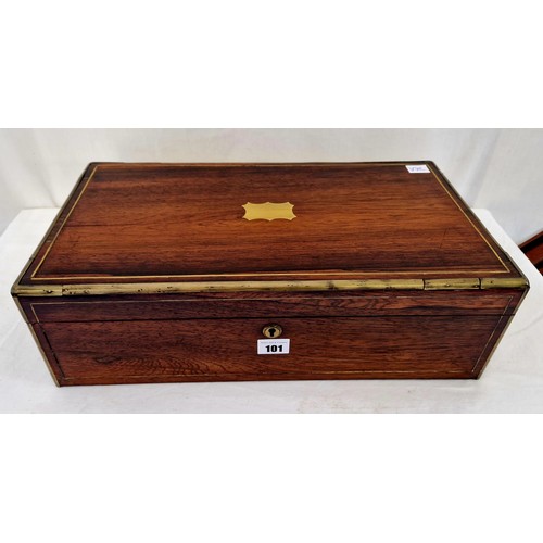 101 - Early 20th century rosewood writing box with brass banding and cartouche and fitted interior