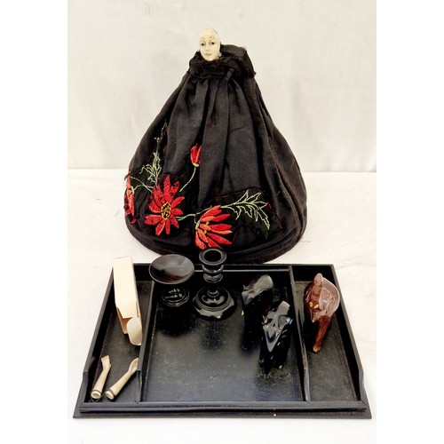 107 - Ebonised wooden desk tidy, elephant figurines and tea cosy with bisque head and arms