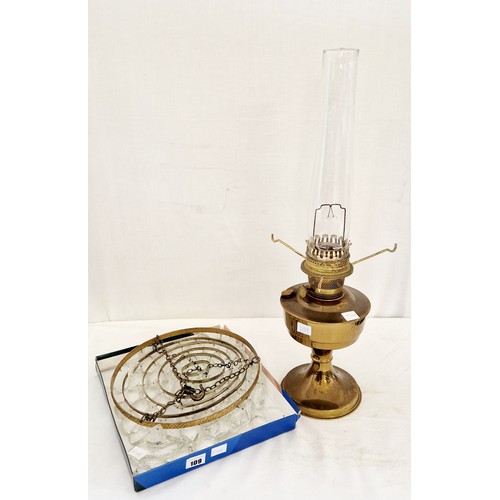 109 - Glass ceiling lustre and brass Aladdin oil lamp