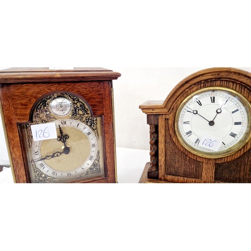 126 - 20th Century oak cased mantle clock, Quartz mahogany cased bracket clock and Quartz wall clock