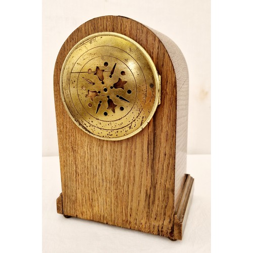 127 - Oak domed mantle clock with inlay and brass presentation plaque