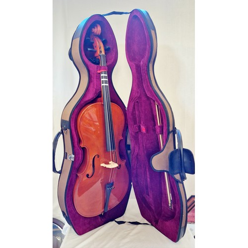 140 - 44C100 Full size cello with bow, rosin and electric tuner in a Gear4Music travel case