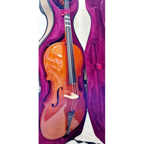 140 - 44C100 Full size cello with bow, rosin and electric tuner in a Gear4Music travel case