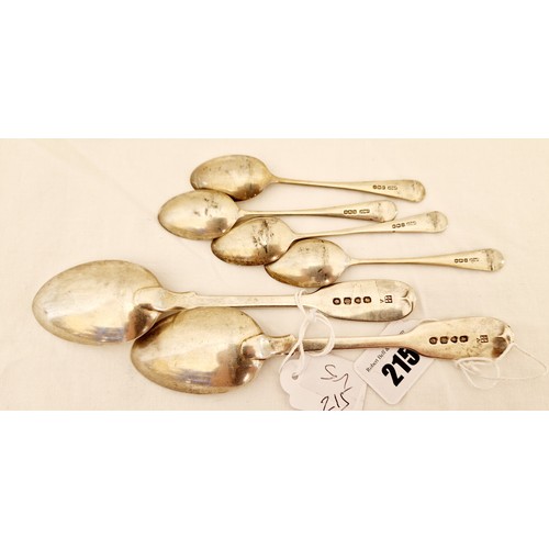 215 - Silver flatware, a pair of London 1847 fiddle pattern dessert spoons monogrammed T and four Sheffiel... 