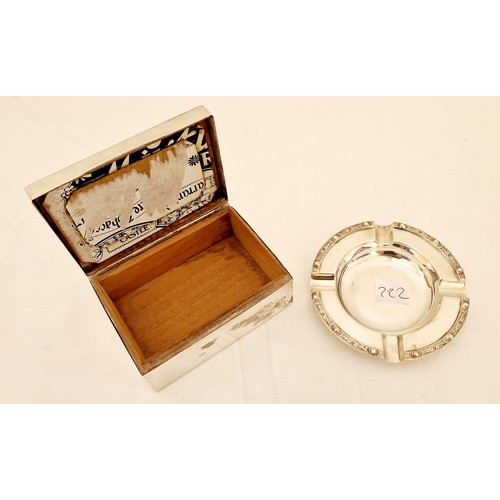 222 - A Birmingham 1951 silver circular ashtray with relief border and cedar lined cigarette box monogramm... 