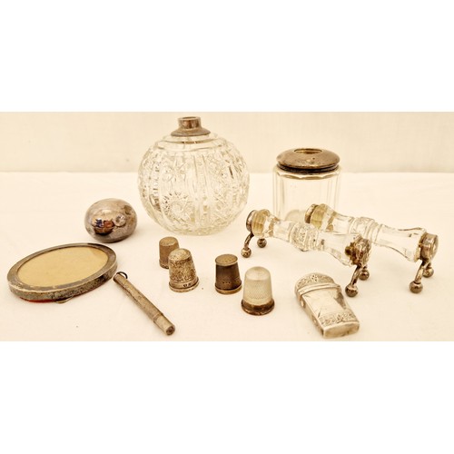 226 - A collection of eleven silver mounted and silver items comprising two glass dressing table bottles w... 