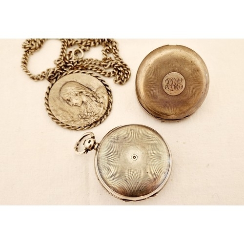 203 - Two silver cased pocket watches for restoration and metal medallion on chain