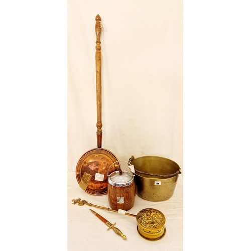 64 - Metalware incl. brass jam pan, Lincoln Imp chestnut roaster, wooden and chrome biscuit barrel etc