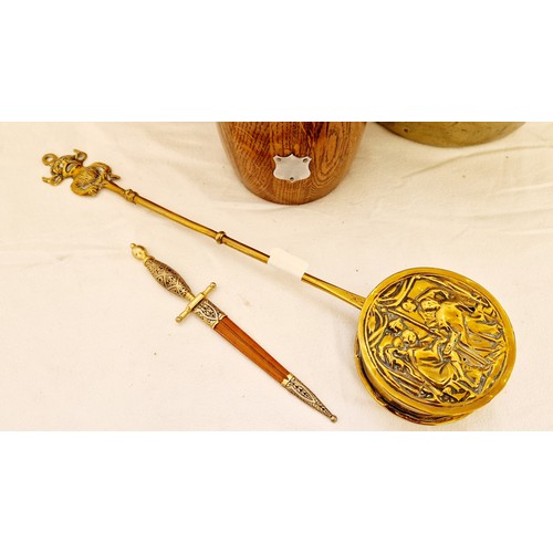 64 - Metalware incl. brass jam pan, Lincoln Imp chestnut roaster, wooden and chrome biscuit barrel etc