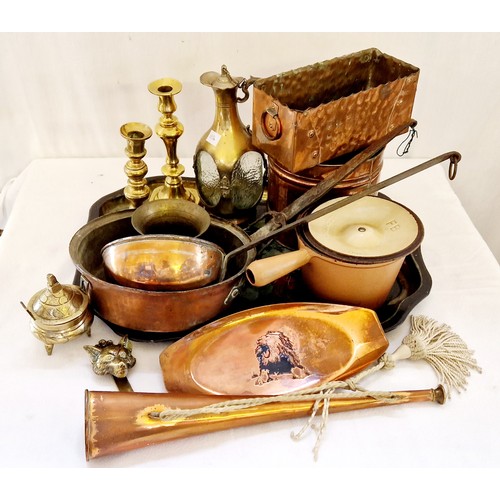 68 - Qty of copper and brass ware incl. Victorian candlesticks, copper hunting horn, fox mask door knocke... 