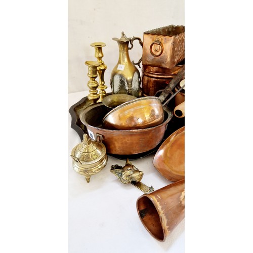 68 - Qty of copper and brass ware incl. Victorian candlesticks, copper hunting horn, fox mask door knocke... 