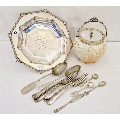 73 - Qty of EPNS tableware comprising Locke & Co Worcester biscuit barrel with acanthus leaf body and pla... 