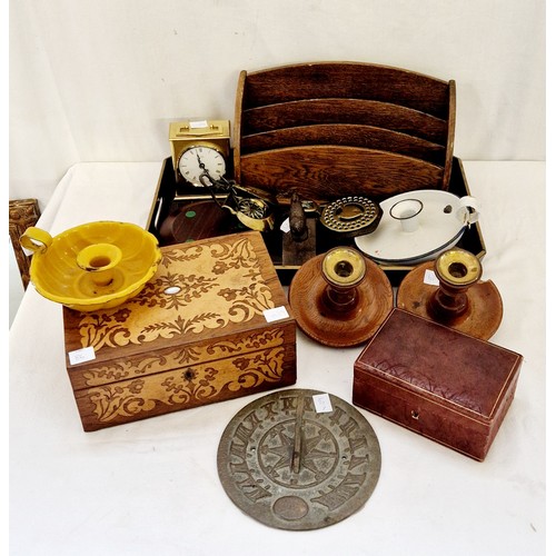 86 - Oak stationery rack, chambersticks, treen box etc