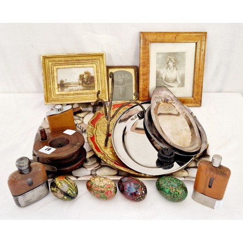 87 - Mixed lot incl. vintage wooden fly reel, hip flasks, miniature oil riverscape etc