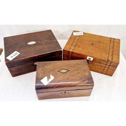 92 - Two Victorian writing boxes and mahogany jewellery box, all with no interior