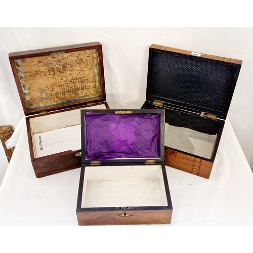 92 - Two Victorian writing boxes and mahogany jewellery box, all with no interior