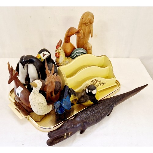 93 - Various animal figurines incl. treen duck, various birds etc