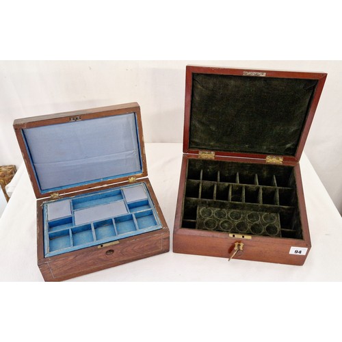 94 - A coin collectors mahogany cabinet with velvet lined fitted interior and rosewood jewellery box with... 