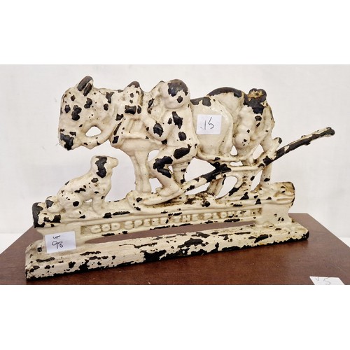 98 - Godspeed the Plough cast door stop and canteen of Viners EPNS cutlery