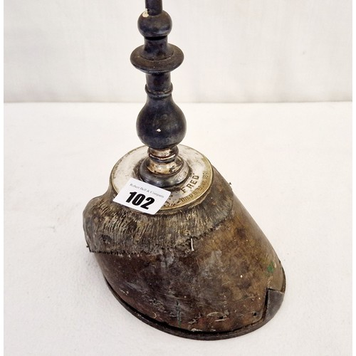 102 - Mounted hoof door stop inscribed 'Fred died 19th June 1891'