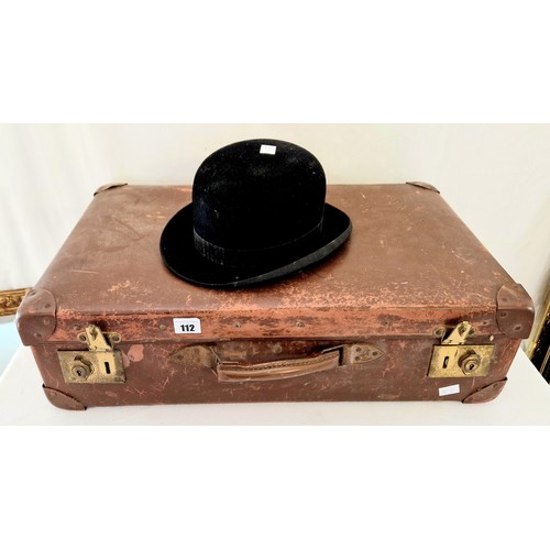112 - Vintage box suitcase stencilled EY and Hepworth's bowler hat